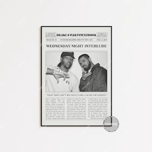 Stampa di giornale retrò di Drake & PartyNextDoor, poster dell'interludio del mercoledì sera, stampa dei testi, poster di Drake, poster, LC3 LESS145