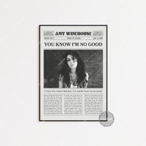 Amy Winehouse Retro Newspaper Print, You Know I&#39;m No Good Poster, Lyrics Print, Back to Black Poster, Amy Winehouse Poster, LC3 LESS30