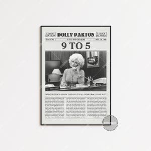 Retro krantenprint Dolly Parton, poster 9 tot 5, poster 9 tot 5 songteksten, Dolly Parton-poster, poster 9 tot 5 en oneven banen, LC3