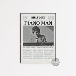 Stampa di giornale retrò di Billy Joel, poster di Piano Man, stampa dei testi di Piano Man, poster di Billy Joel, poster di The Stranger, LC3