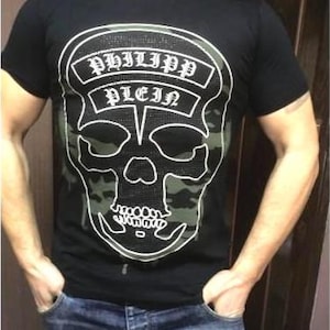 P.Plein bold black designer PP t-shirt for men with skull vintage  and graphic print – streetwear fashion tee, PP famous brand style Size:S