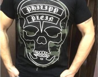 P.Plein bold black designer PP t-shirt for men with skull vintage  and graphic print – streetwear fashion tee, PP famous brand style Size:S