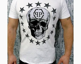P.Plein Men's white retro t-shirt PP vintage style, short sleeve summer tee  famous brands, fashion designer look, size S