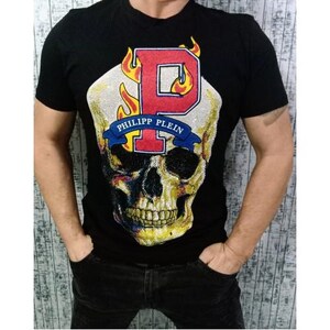 P.Plein Men's black retro PP t-shirt – vintage skull design, short sleeve summer tee, famous brand fashion, designer everyday disco t-shirt