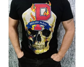 P.Plein Men's black retro PP t-shirt – vintage skull design, short sleeve summer tee, famous brand fashion, designer everyday disco t-shirt