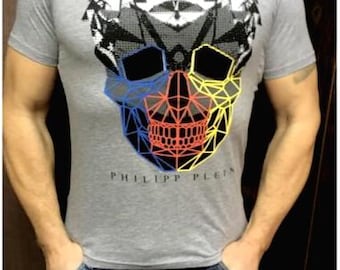 P.Plein bold gray designer PP t-shirt for men with skull Vintage  and graphic print – streetwear fashion tee, PP famous brand style Size:M
