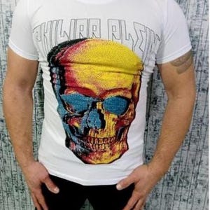 P.Plein Men's white retro PP t-shirt – vintage skull design, short sleeve summer tee, famous brand fashion, designer everyday disco t-shirt