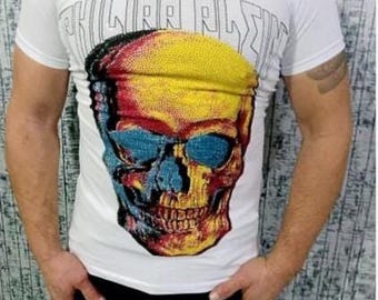 P.Plein Men's white retro PP t-shirt – vintage skull design, short sleeve summer tee, famous brand fashion, designer everyday disco t-shirt
