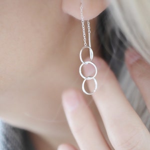Sterling Silver Threader Earrings: Dainty Circle Chain Dangle Earrings