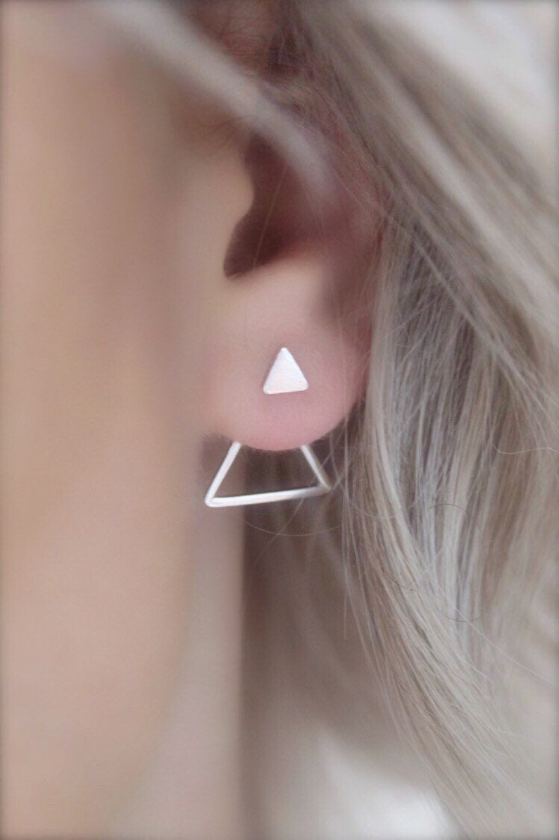 Front back Earrings Ear Jacket Dainty ear jacket Silver earrings ear jacket earrings ear jacket Minimal earring triangle stud image 3