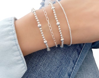 Silver dainty bracelet • Minimalist Silver bracelet • Sterling Silver beaded bracelet • Delicate silver bracelet • Chain Bracelet set