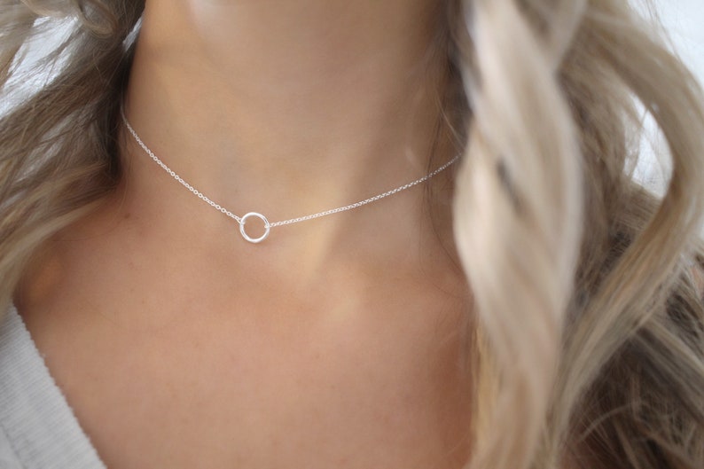 Dainty circle chain choker Silver Mini circle necklace sterling silver open circle pendant silver necklace Choker necklace image 3