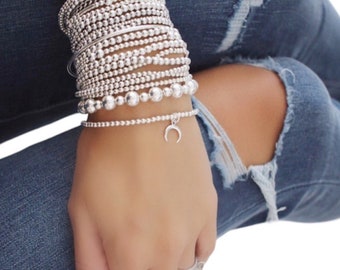 Bracelets de perles en argent sterling 925 pour femme • Bracelet délicat en argent • Bracelet minimaliste en perles • Bracelet en argent avec pierres précieuses • Extensible