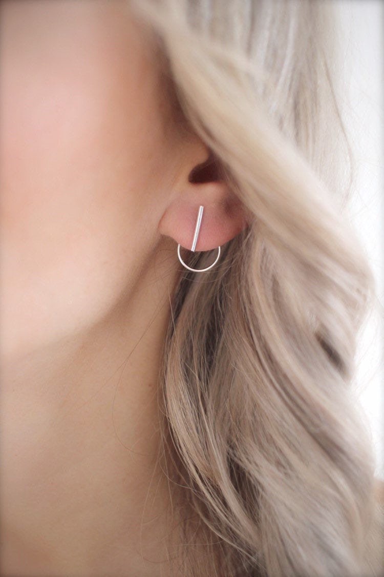 Ear jacket • Silver studs • Double sided earring • Silver bar stud • …