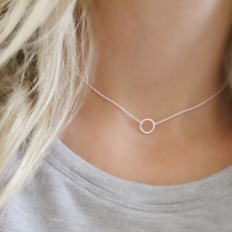 Open Circle Choker Necklace, 925 sterling silver, Gold, Simple Dainty Silver circle Necklace, Delicate Circle Outline, Gift for her, Choker image 1