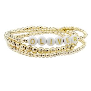 Pulsera de cuentas rellena de oro de 14 quilates • Pulsera con letras y nombre apiladas • Pulseras de cuentas de 3 mm con nombre personalizado • Brazalete personalizado • Regalo personalizado