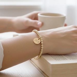 14k Gold Filled Bead Bracelet • Personalized Initial Charm, Dainty Stacking Jewelry