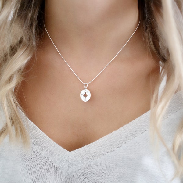 sterling silver circle compass necklace, travel necklace, graduation gift, compass necklace, minimalist necklace , layering necklace