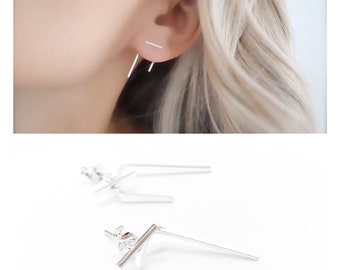 Staple line ear jacket • silver ear jacket • stud earrings • front to back earrings • delicate bar earrings • everyday earrings • earrings