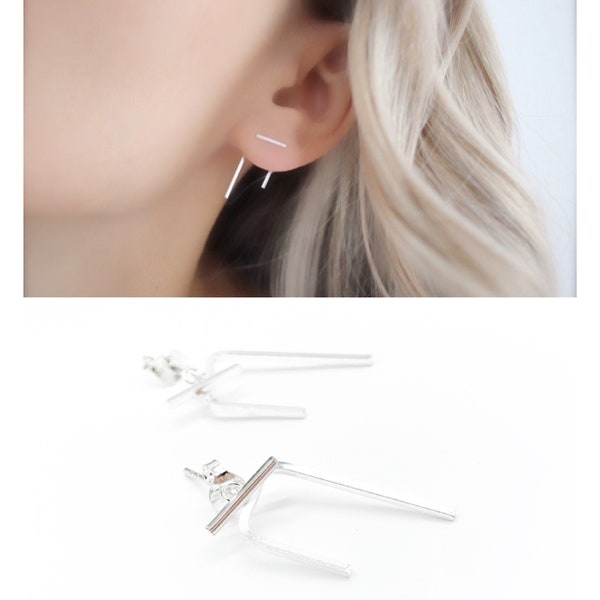 Staple line ear jacket • silver ear jacket • stud earrings • front to back earrings • delicate bar earrings • everyday earrings • earrings