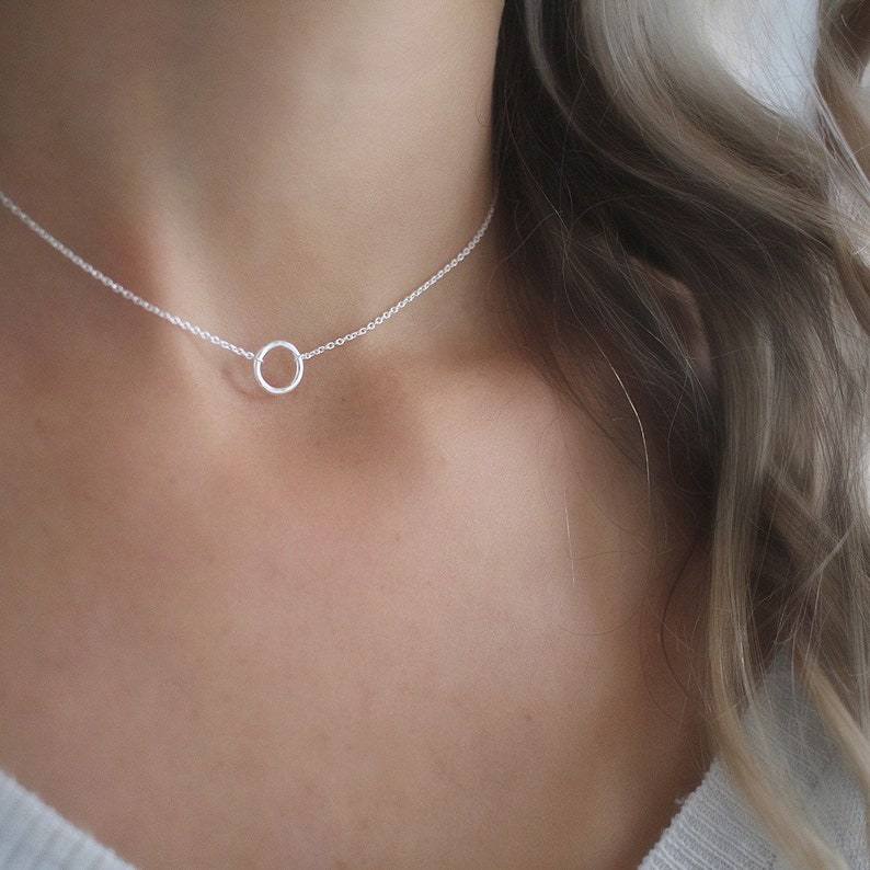 Dainty circle chain choker, Silver Mini circle necklace, sterling silver, open circle pendant, silver necklace, necklace,Minimalist necklace image 2