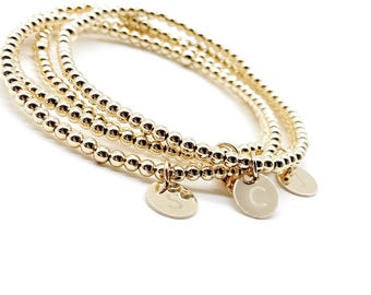 14k Gold Filled Beaded Bracelet with initial Charm, Dainty Stackable Bracelet