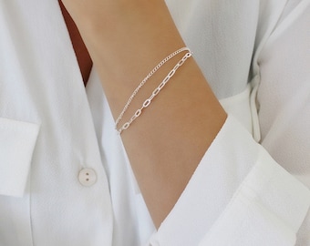 Duo Delicate Chain Bracelet • Fine Beaded Chain Bracelet • Dainty Bracelet • Double silver bracelet • Prefect for Everyday • Link Chain