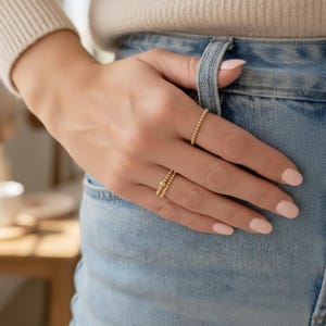 14k Gold Filled Beaded Stretch Ring: Minimalist Stacking Band