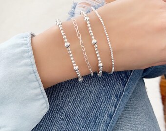 Silver dainty bracelet • Minimalist Silver bracelet • Sterling Silver beaded bracelet • Delicate silver bracelet • Chain Bracelet set