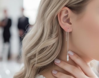 Boucles d'oreilles pendantes en argent sterling avec perles, boucles d'oreilles pendantes minimalistes, cadeau de demoiselle d'honneur