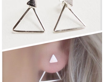 Ear Jackets earrings Sterling silver • Tiny Triangle stud shape earrings • Double Sided earrings • Geometric earrings • Jackets • Minimalist