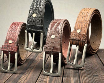 Ceinture en cuir embossé façon croco Homme | Boucle en argent faite main en cuir de vachette | Cadeau classique Royaume-Uni