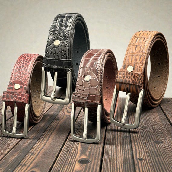 Vintage Western Cowhide Belt Croc Embossed Leather 32”-36” FOSSIL Croc Embossed Cowhide Leather Belt With  main image 4