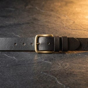 Puede incluir: Un cinturón de cuero negro con una hebilla rectangular de metal en tono latón y dos trabillas de cuero a juego. La correa tiene una textura lisa con orificios perforados visibles para el ajuste y un extremo en punta.