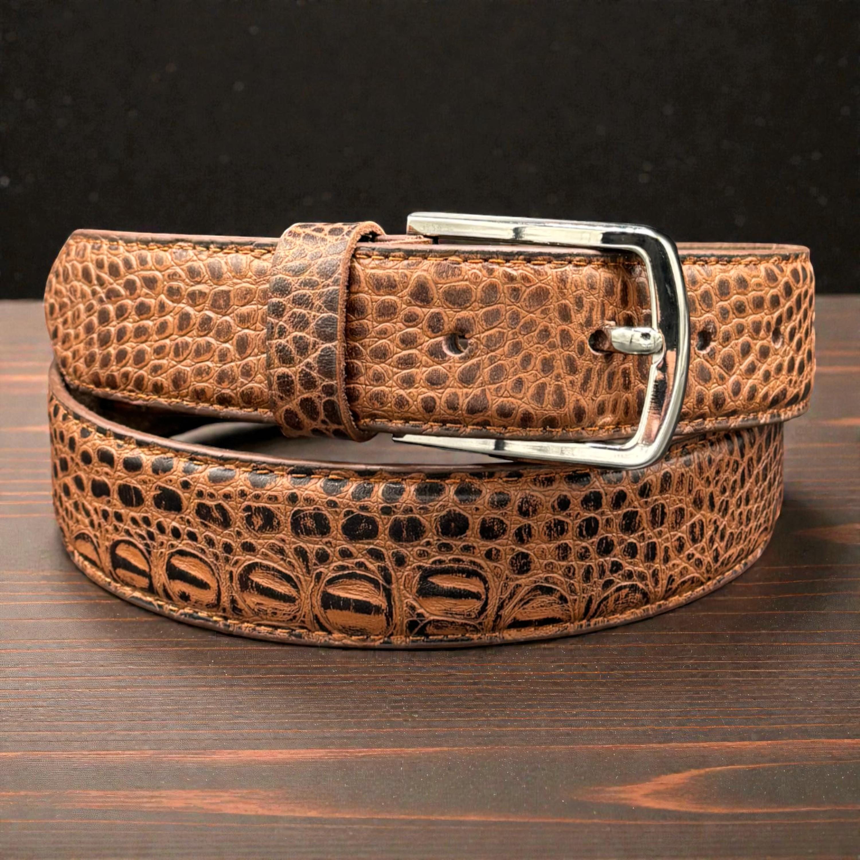 Croc Embossed Leather Belt: Handmade Cowhide, Silver Buckle  display picture 3