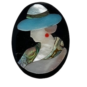 Lee Sands Women in Hat Inlay Shell Brooch/Pin, Abalone Shell Mother of Pearl Inlaid Shell Brooch, Vintage Lee Sands Lady Oval Brooch