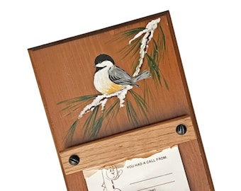 Handmade Painted Chickadee Wooden Wall Mounted Note Holder, Wood Wall Hanging for Note Pad with Hand Painted Chickadee Bird, Bird Art