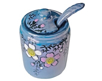 Vintage Blue Lusterware Salt Cellar, Hand Painted Cherry Blossoms, Made in Japan