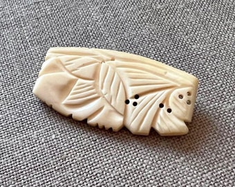 Carved Cream Brooch, Cream Bovine Bone Brooch Pin, Leaves Art Deco Style Brooch, Cream Color Pin of Carved Leaves, Carved Bovine