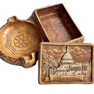 Conjunto de caixa de cinzeiro do Capitólio de Washington DC, conjunto de cinzeiro do Distrito de Columbia, lembrança de madeira falsa de Washington DC, caixa de cinzeiro de lembrança do Capitólio dos EUA