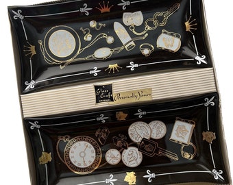 Black Glass Houze Dresser Caddy Set, Boxed His n Hers Dresser Caddies, Black and Gold Cera Glass Type Dresser Trays, Jewelry Tray Set