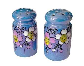 Vintage Blue Lusterware Salt and Pepper Shakers, Hand Painted Cherry Blossoms