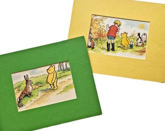 TWO Mounted Winnie the Pooh Prints, Yellow Green Pooh Prints, Pooh & Christopher Robin Matted Color Prints, Frameable Ernest Shepard Prints