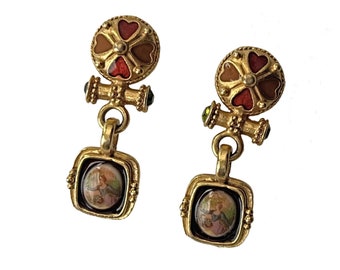 Vintage Enamel and Figural Cabochon Victorian Style Earrings, Gold Black Red Enamel Post Drop Earrings, Edwardian Baroque Style Earrings