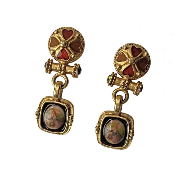 Vintage Enamel and Figural Cabochon Victorian Style Earrings, Gold Black Red Enamel Post Drop Earrings, Edwardian Baroque Style Earrings