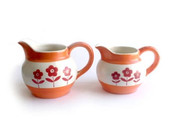 TWO Orange Flower Creamers, Hand Painted Orange Flower Japan Small Pitcher Set, Made in Japan Bright Orange Flower Creamer Pitchers