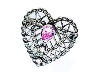 Scalloped Silver Pink Topaz and Marcasite Heart Brooch, NAS 925 Silver Valentine Brooch, Pink Topaz and Marcasite Heart Shaped Pin