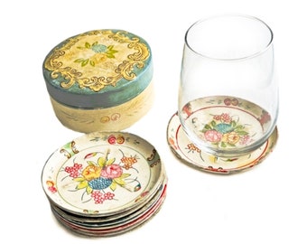 Floral Coaster Set, 8 Coasters in Box, Eight Floral Coaster Set, Paper Mache Flower Coaster Set in Round Box, Occupied Japan Coasters