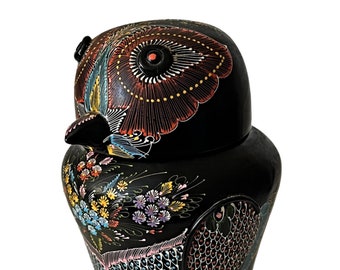 Hand Painted Lacquered Owl Box, Folk Art Painted Owl Lidded Jar, Black Lacquer Lidded Owl, Ornate Folk Art Painted Owl Vessel with Lid