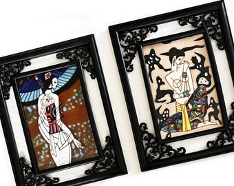 Ornate Framed Art Deco Style Art Tiles, Set of Two Asian Art Deco Framed Art Tiles, Art Deco Style Ladies Ceramic Tiles in Black Frames